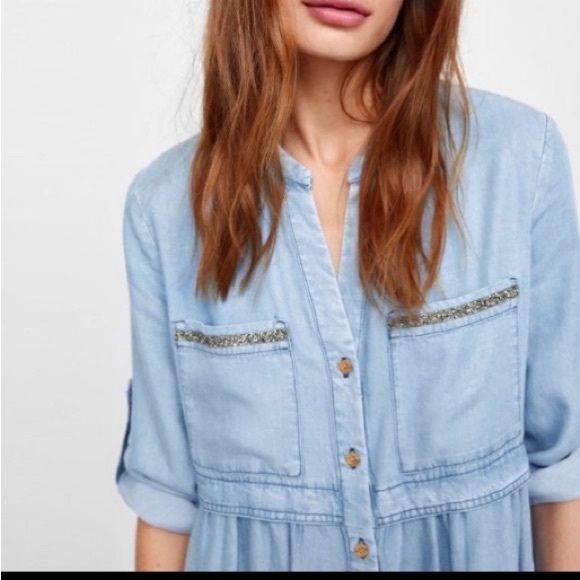 Zara Dresses & Skirts - Zara dress shirt jeans denim blue fashion LongSleeve buttons size M